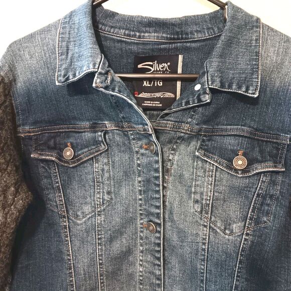 Silver Jeans Co XL Hybrid Denim Jean Jacket Gray Cable Knit Sweater Sleeves - Picture 2 of 13